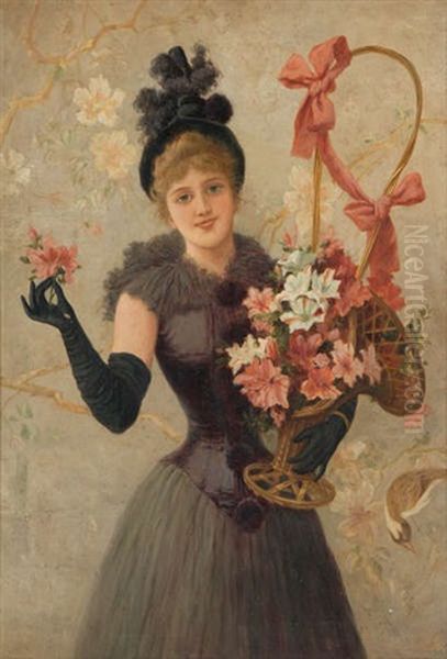 Jonge Vrouw Met Bloemenmand Oil Painting by Jan van Beers