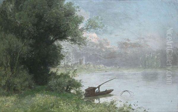 Pecheur Au Bord De La Rive Avec Village A L'arriere-plan Oil Painting by Jan van Beers