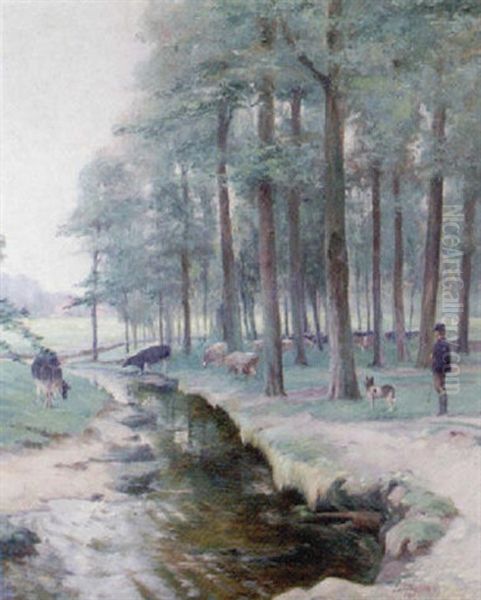 Meadow With Cows And Herder Oil Painting by Jan van Beers