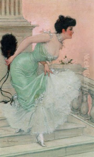 An Elegant Lady On A Stairway Oil Painting by Jan van Beers