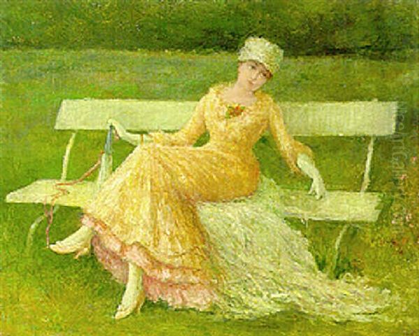 Elegant Lady Seated On A Bench In The Park Oil Painting by Jan van Beers