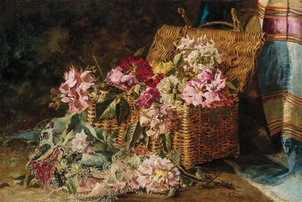 Still Life Of Roses In Wicker Basket Oil Painting by Julie Hart Beers