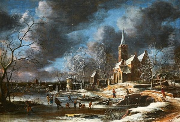 A Winter Landscape With Skaters Near The Church In Beverwijk Oil Painting by Anthonie Beerstraaten