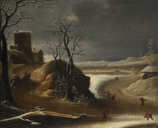 Vinterlandskap Med Figurer Oil Painting by Abraham Beerstraten