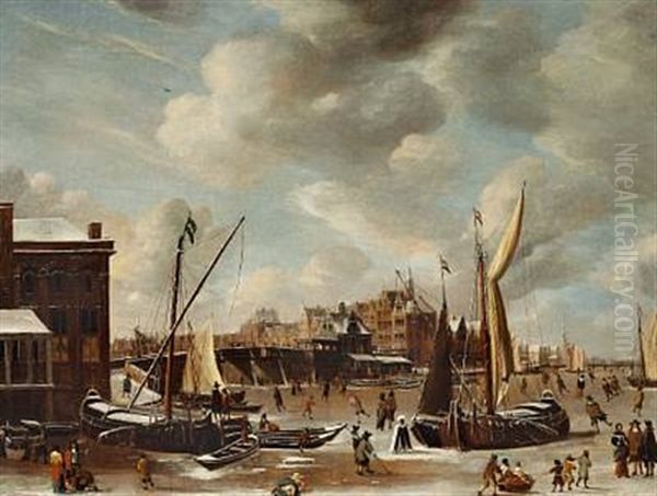 A View Of The Nieuwe Brug And The Paalhuis In Amsterdam With Townsfolk Skating On The Frozen Canal Oil Painting by Abraham Beerstraten