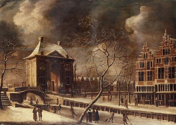 The Heiligewegspoort, Amsterdam, From The North-east In Winter, With Skaters On The Frozen Canal Oil Painting by Abraham Beerstraten