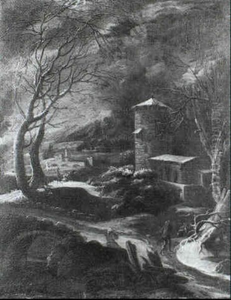 A Winter Landscape With A Traveller Approaching A Tower Oil Painting by Abraham Beerstraten