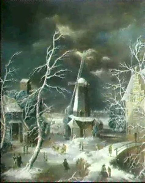 Belebtes Dorf Im Winter Oil Painting by Abraham Beerstraten