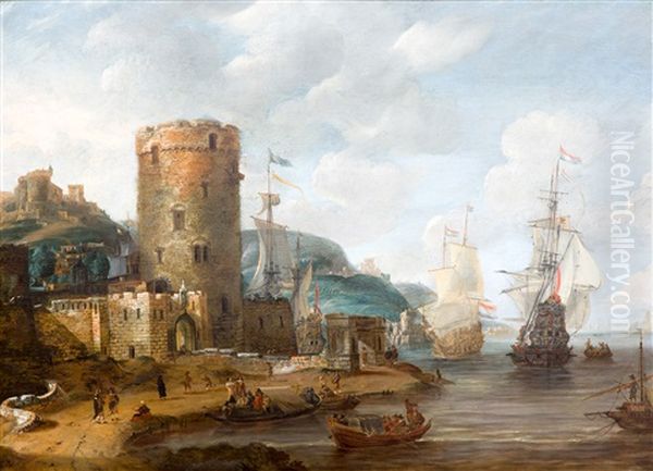 A Capriccio Of A Mediterranean Harbour With Dutch Ships At Anchor And Elegant Figures Embarking A Boat Oil Painting by Jan Abrahamsz. Beerstraten