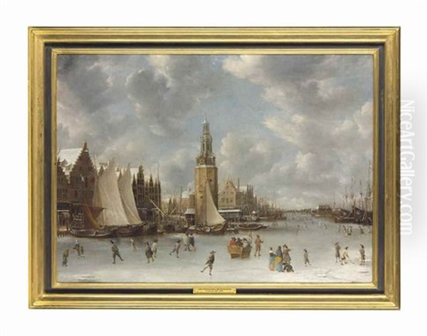 View Of The Munttoren On The Frozen Anstel, Amsterdam, With Figures Skating Oil Painting by Jan Abrahamsz. Beerstraten