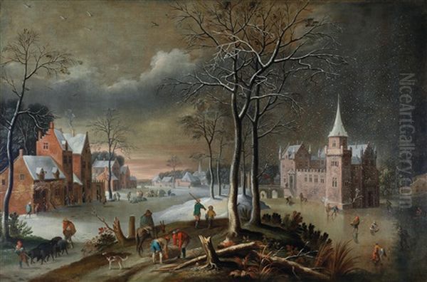 A Winter Landscape With Figures Skating Near A Moat Oil Painting by Jan Abrahamsz. Beerstraten