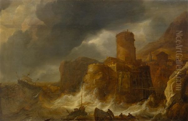 Stormy Coastal Landscape Oil Painting by Jan Abrahamsz. Beerstraten