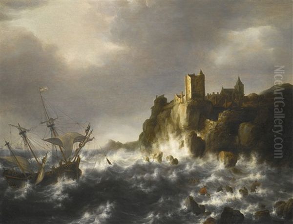 A Shipwreck In Stormy Seas, Near A Rocky Coast Oil Painting by Jan Abrahamsz. Beerstraten