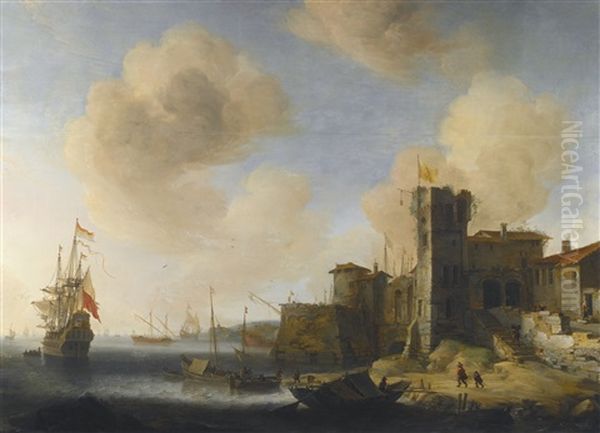 A Mediterranean Harbour, With The Dutch Vessel Profeet Elias At Anchor Oil Painting by Jan Abrahamsz. Beerstraten