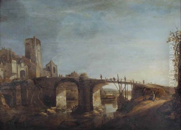 An Italianate River Landscape With Figures Resting Near A Bridge, A Town On The Left Bank Oil Painting by Jan Abrahamsz. Beerstraten