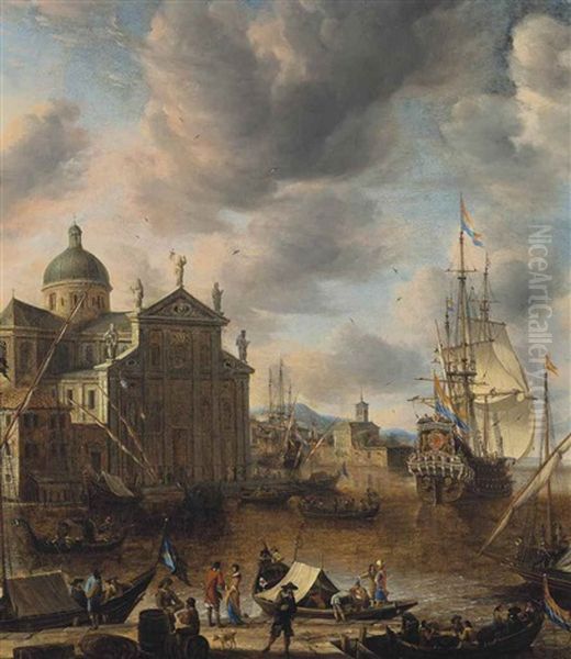 A Mediterranean 'capriccio' Harbour With Figures Conversing On A Quay And A Dutch Three-master Mooring Beyond Oil Painting by Jan Abrahamsz. Beerstraten