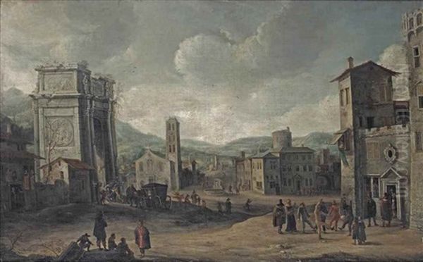 A 'capriccio' View Of A Town Square With Figures By The Arch Of Constantine, Others Dancing And Making Music Oil Painting by Jan Abrahamsz. Beerstraten