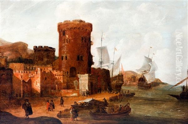 Capriccio Van Een Mediterrane Haven Met Vestingstoren, Schepen En Handelaren Oil Painting by Jan Abrahamsz. Beerstraten