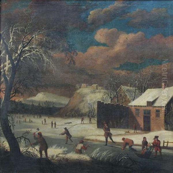 Winter - With Skaters On A Frozen Lake And Peasants Chopping Wood Oil Painting by Jan Abrahamsz. Beerstraten