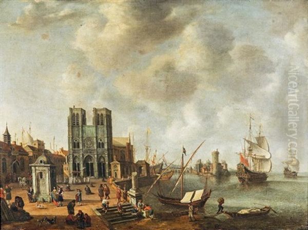 Vue Fantaisiste Avec Notre-dame Et La Tour De Nesle Dans Un Port Oil Painting by Jan Abrahamsz. Beerstraten