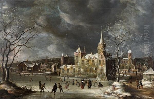 Patineurs Devant Le Chateau De Buren Sous La Neige Oil Painting by Jan Abrahamsz. Beerstraten