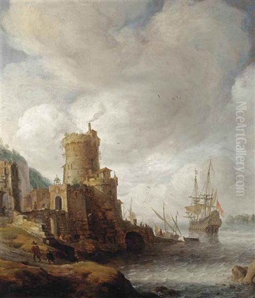 A Mediterranean Capriccio Harbour With A Dutch Man-o-war Mooring Oil Painting by Jan Abrahamsz. Beerstraten