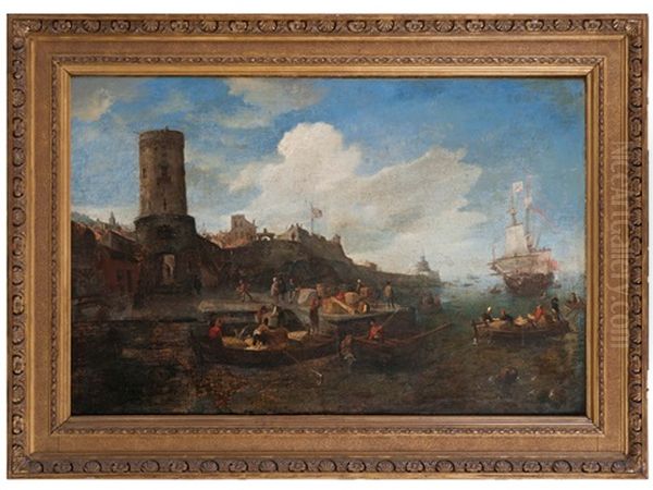 A Busy Harbour Scene With Small Boats Loading At A Waterfront Oil Painting by Jan Abrahamsz. Beerstraten