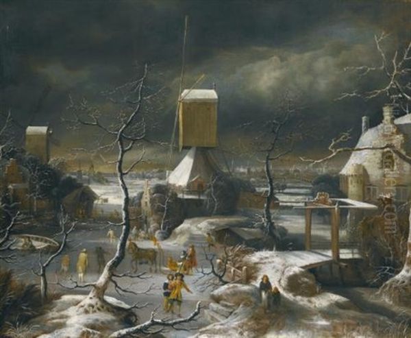 A Winter Landscape With Figures Skating, A Horse-drawn Sledge And A Mill, Amsterdam And The Ij Beyond Oil Painting by Jan Abrahamsz. Beerstraten