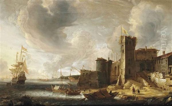 An Italianate Harbourscene With The Dutch Fleet At Bay Oil Painting by Jan Abrahamsz. Beerstraten