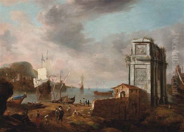 A Mediterranean Coastal Landscape With Elegant Figures, Dutch Men-o-war And Other Shipping Oil Painting by Jan Abrahamsz. Beerstraten