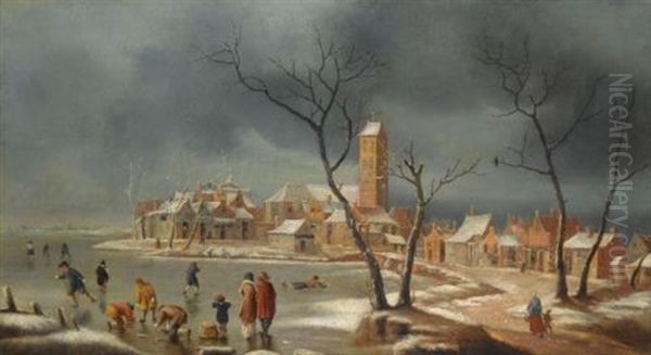 A Winter Landscape With Figures Playing And Skating On The Ice At The Edge Of A Town Oil Painting by Jan Abrahamsz. Beerstraten