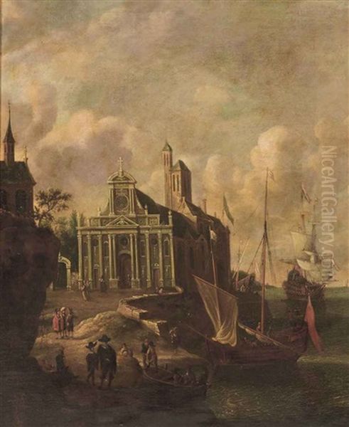 An Italianate Harbour View With A Church And Mooring Ships Oil Painting by Jan Abrahamsz. Beerstraten