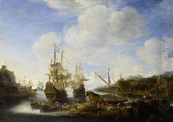 A Capriccio View Of A Port With Vessels And Stevedores Unloading Cargo Oil Painting by Jan Abrahamsz. Beerstraten