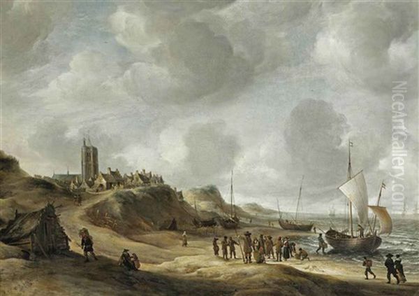 A View Of Egmond Aan Zee With Fisherfolk On The Beach And Shipping Offshore Oil Painting by Jan Abrahamsz. Beerstraten