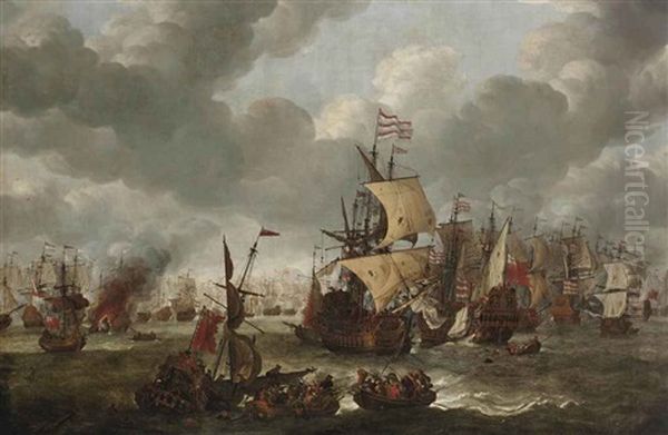 A Naval Engagement With Dutch And British Vessels Oil Painting by Jan Abrahamsz. Beerstraten