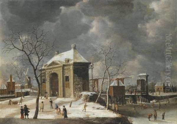 Amsterdam, A View Of The Heiligewegspoort From The North-west, With Skaters On A Frozen Canal Oil Painting by Jan Abrahamsz. Beerstraten