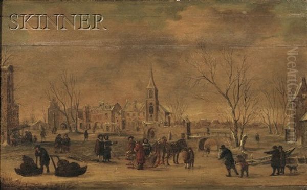 Winter Village With Skaters Oil Painting by Jan Abrahamsz. Beerstraten