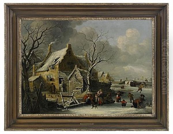 Vinterlandskap Med Skridskoakare Oil Painting by Jan Abrahamsz. Beerstraten