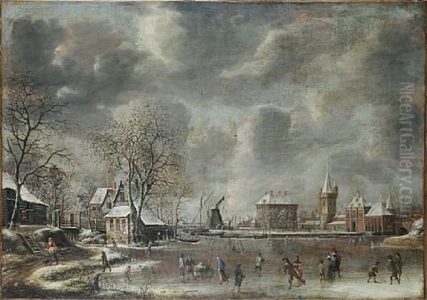 A Winter Landscape With Figures Skating And Playing Kolf On A Frozen River At The Edge Of A Town Oil Painting by Jan Abrahamsz. Beerstraten