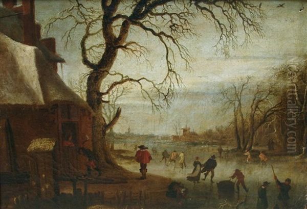 Patineurs Sur Une Riviere Gelee Oil Painting by Jan Abrahamsz. Beerstraten