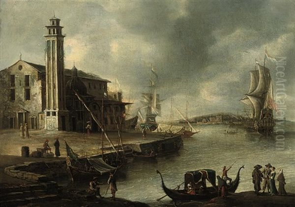 A Mediterranean Coastal Landscape With Elegant Figures Embarking A Boat, Dutch Men-o-war And Other Shipping In A Harbor Oil Painting by Jan Abrahamsz. Beerstraten