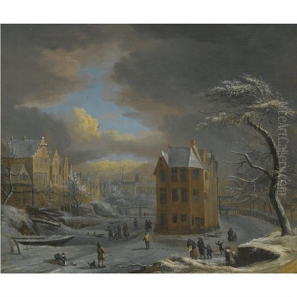 A Frozen Canal In Mid Winter With Skaters In The Foreground Oil Painting by Jan Abrahamsz. Beerstraten