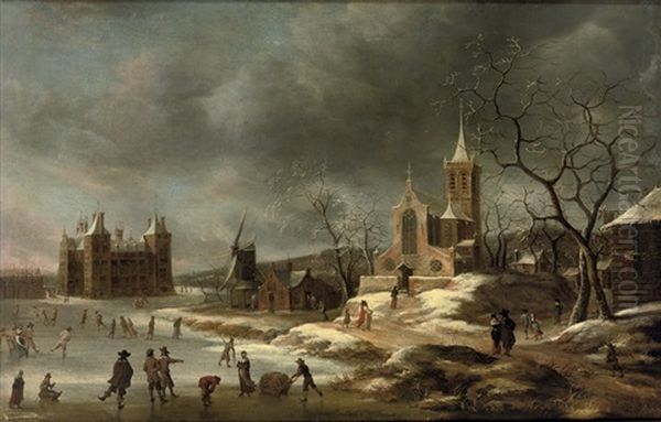 A Winter Landscape With Activities On The Ice Near Castle Buren, In Gelderland Oil Painting by Jan Abrahamsz. Beerstraten