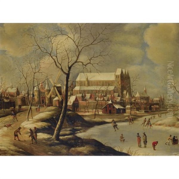 Winter Cityscape With Ice-skaters And Golfers Oil Painting by Jan Abrahamsz. Beerstraten