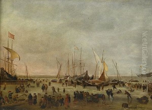 Hamn I Vinterskrud Med Skridskoakare Oil Painting by Jan Abrahamsz. Beerstraten