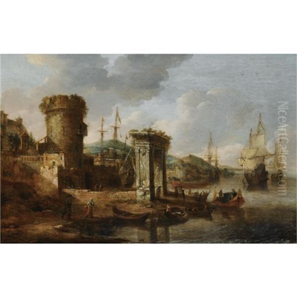 A Capriccio Of A Mediterranean Harbour With Elegant Figures Embarking A Boat, A Roman Triumphal Arch, And Dutch Men-of-war Beyond Oil Painting by Jan Abrahamsz. Beerstraten