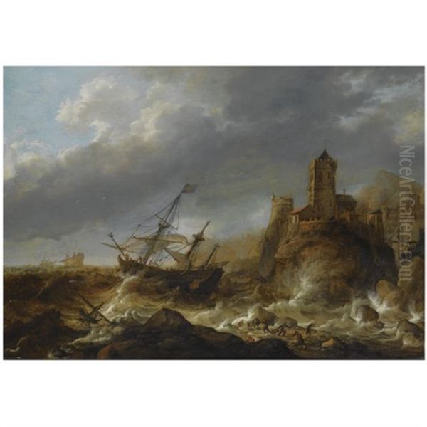 Ships In A Heavy Storm Along A Rocky Coast, Near A Fortified Town, Shipwrecked Figures In The Foreground Oil Painting by Jan Abrahamsz. Beerstraten