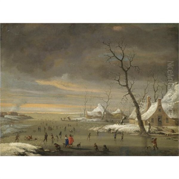 An Extensive Winter Landscape With Skaters On A Frozen River Oil Painting by Jan Abrahamsz. Beerstraten