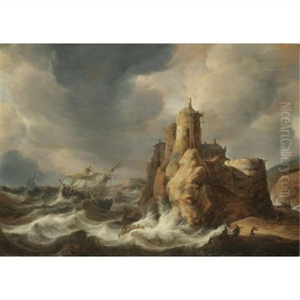 Shipping In A Storm Beneath A Clifftop Castle Oil Painting by Jan Abrahamsz. Beerstraten