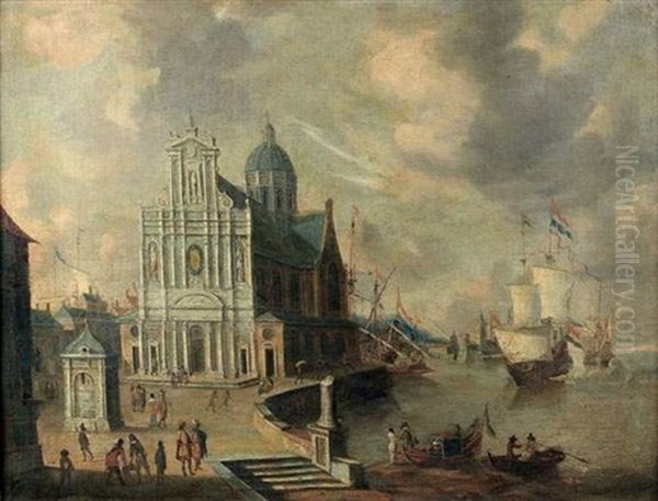 Vue Fantaisiste De L'eglise Des Jesuites Sur Le Port D'anvers Oil Painting by Jan Abrahamsz. Beerstraten